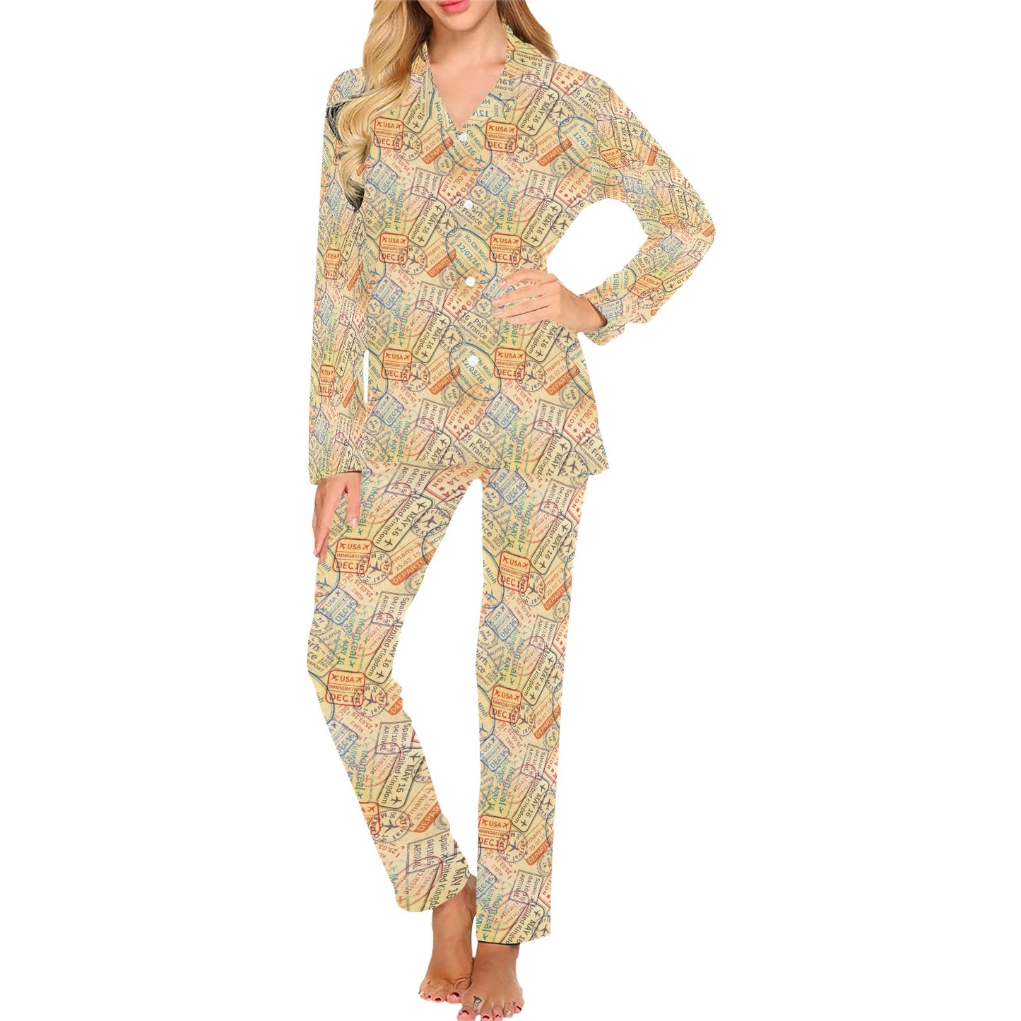 Travel Stamp Print Design LKS302 Women's Long Pajama Set