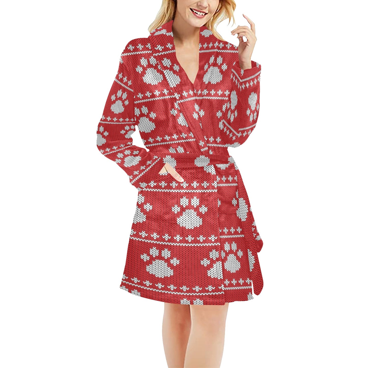 Knit Paw Pattern Print Design 03 Women's Fleece Robe