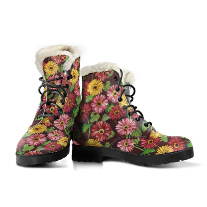 Daisy Gerbera Print Pattern Faux Fur Leather Boots-JTAMIGO.COM