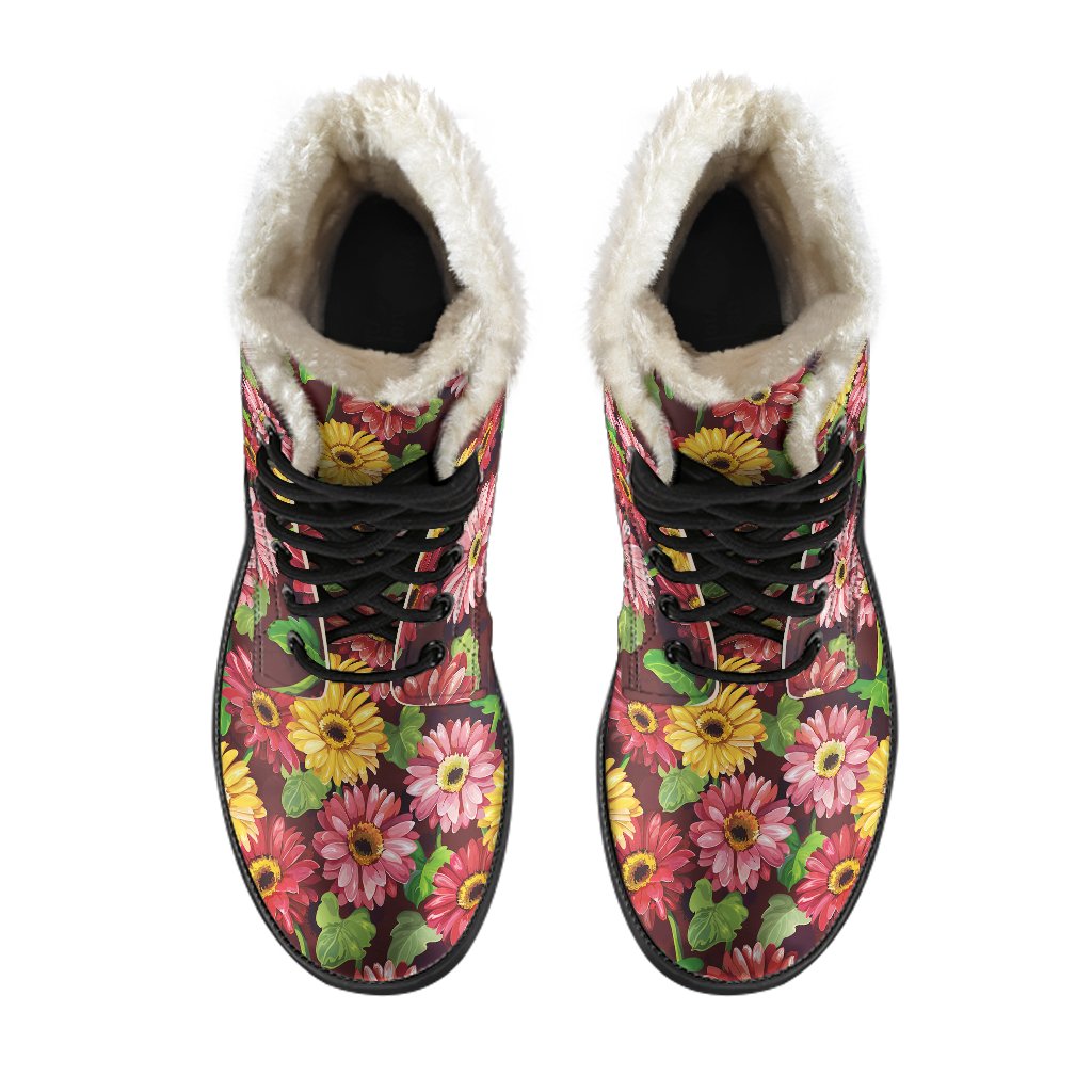 Daisy Gerbera Print Pattern Faux Fur Leather Boots-JTAMIGO.COM