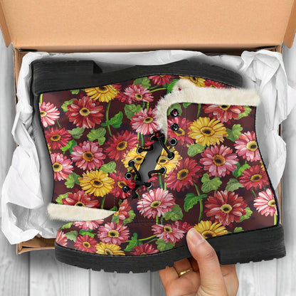 Daisy Gerbera Print Pattern Faux Fur Leather Boots-JTAMIGO.COM