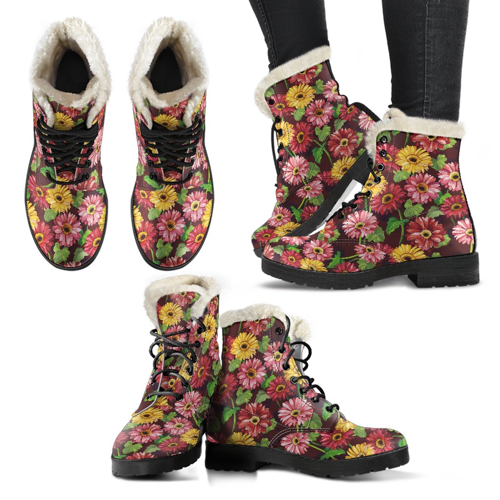 Daisy Gerbera Print Pattern Faux Fur Leather Boots-JTAMIGO.COM