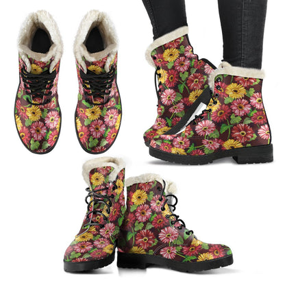 Daisy Gerbera Print Pattern Faux Fur Leather Boots-JTAMIGO.COM