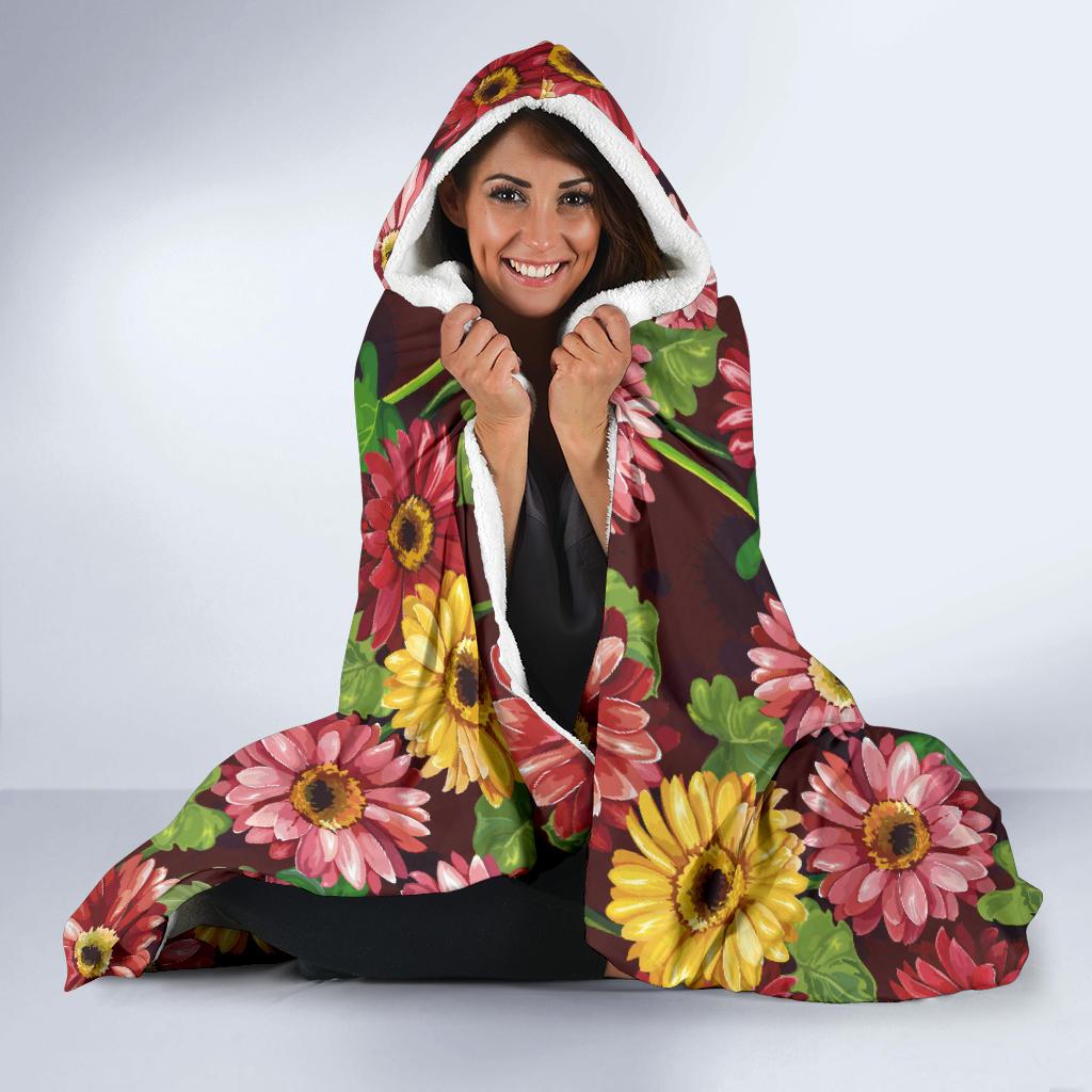 Daisy Gerbera Print Pattern Hooded Blanket-JTAMIGO.COM