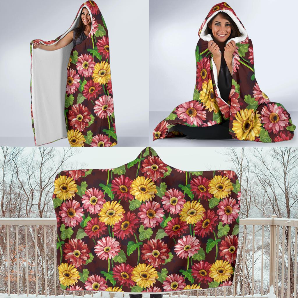 Daisy Gerbera Print Pattern Hooded Blanket-JTAMIGO.COM