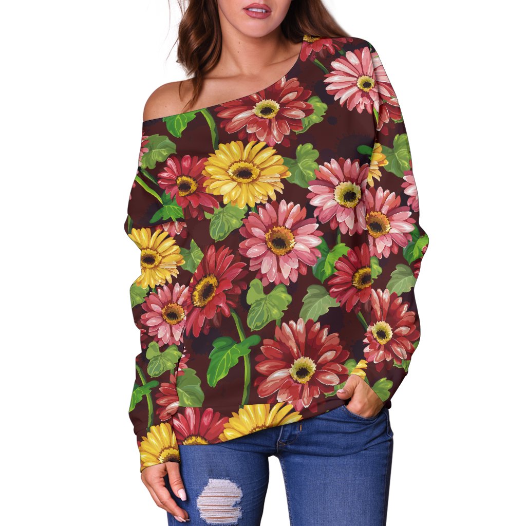 Daisy Gerbera Print Pattern Off Shoulder Sweatshirt