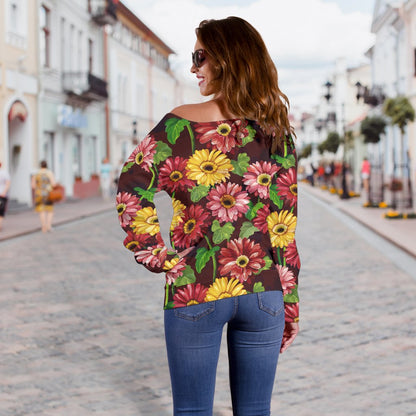 Daisy Gerbera Print Pattern Off Shoulder Sweatshirt