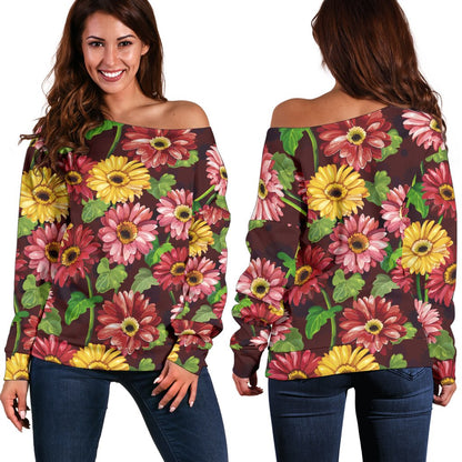 Daisy Gerbera Print Pattern Off Shoulder Sweatshirt