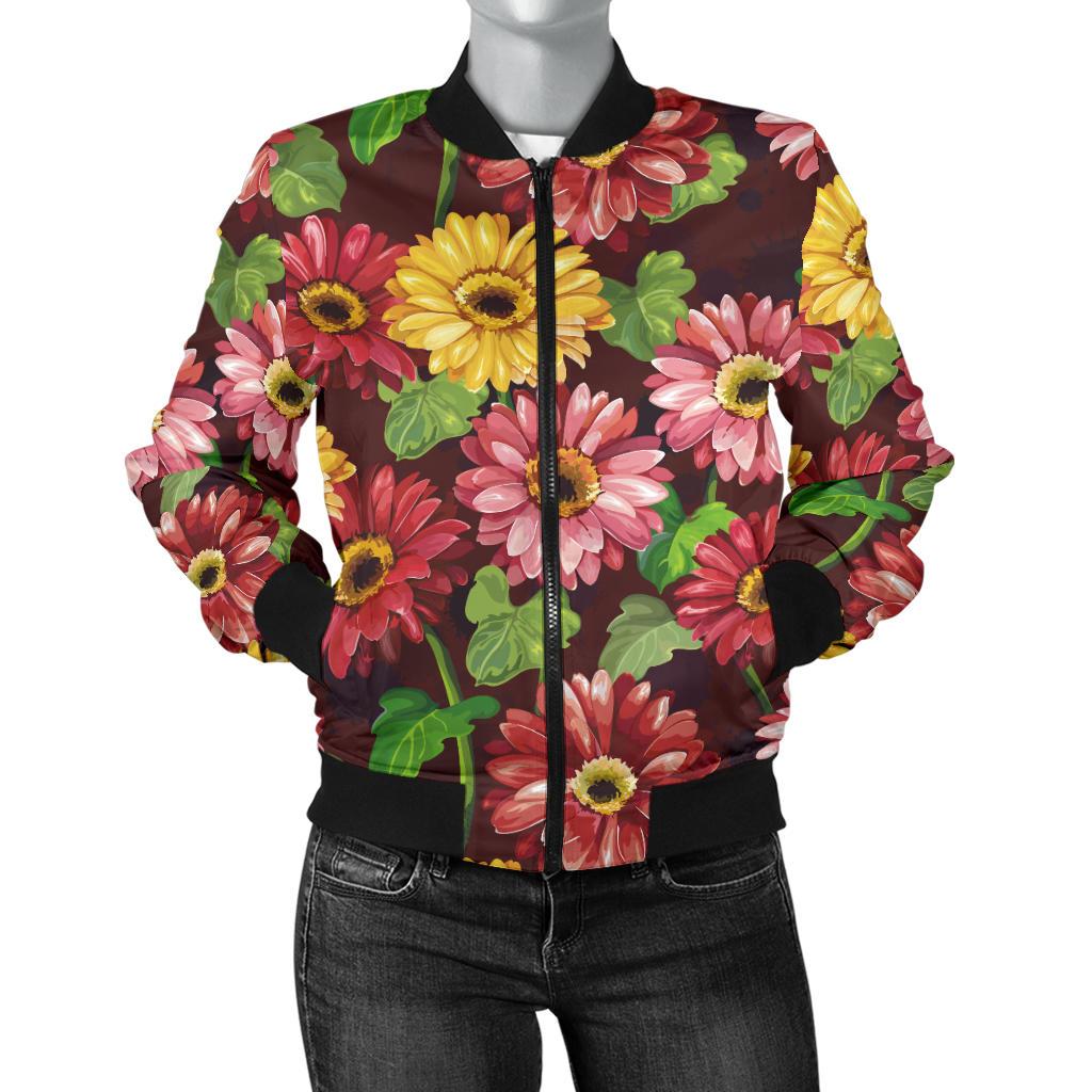 Daisy Gerbera Print Pattern Women Casual Bomber Jacket