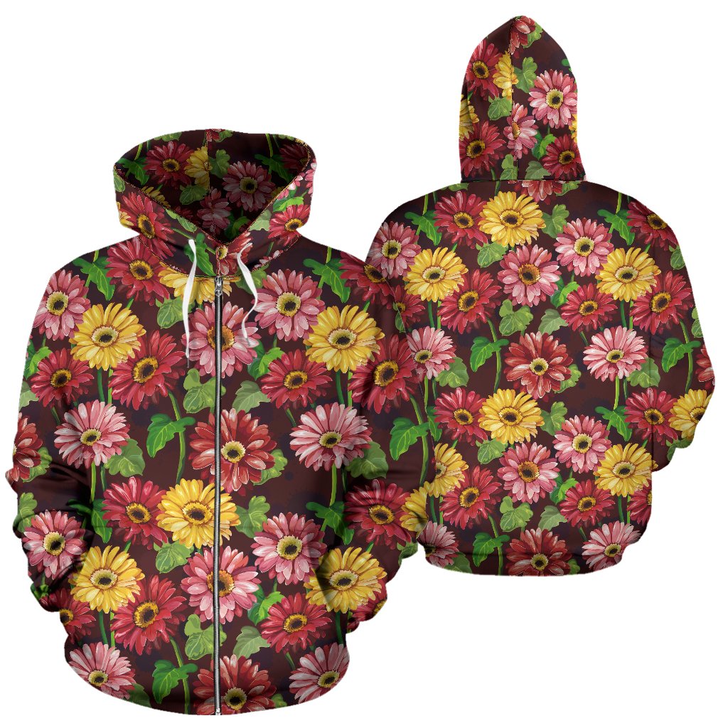 Daisy Gerbera Print Pattern Zip Up Hoodie
