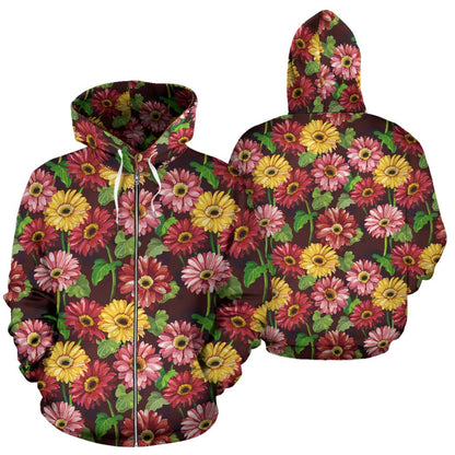 Daisy Gerbera Print Pattern Zip Up Hoodie