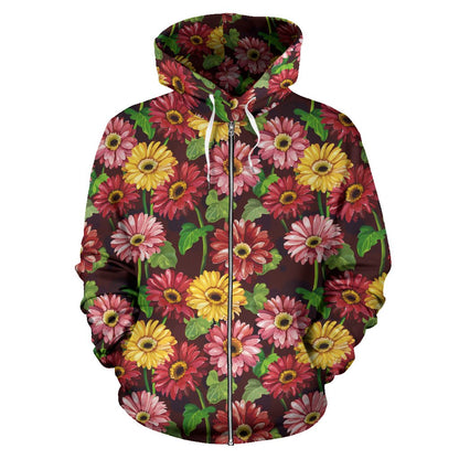 Daisy Gerbera Print Pattern Zip Up Hoodie