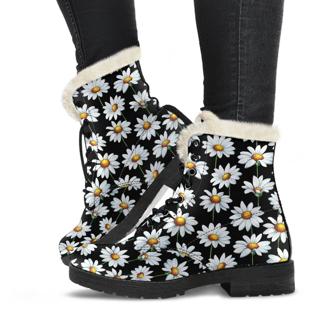 Daisy Print Pattern Faux Fur Leather Boots-JTAMIGO.COM