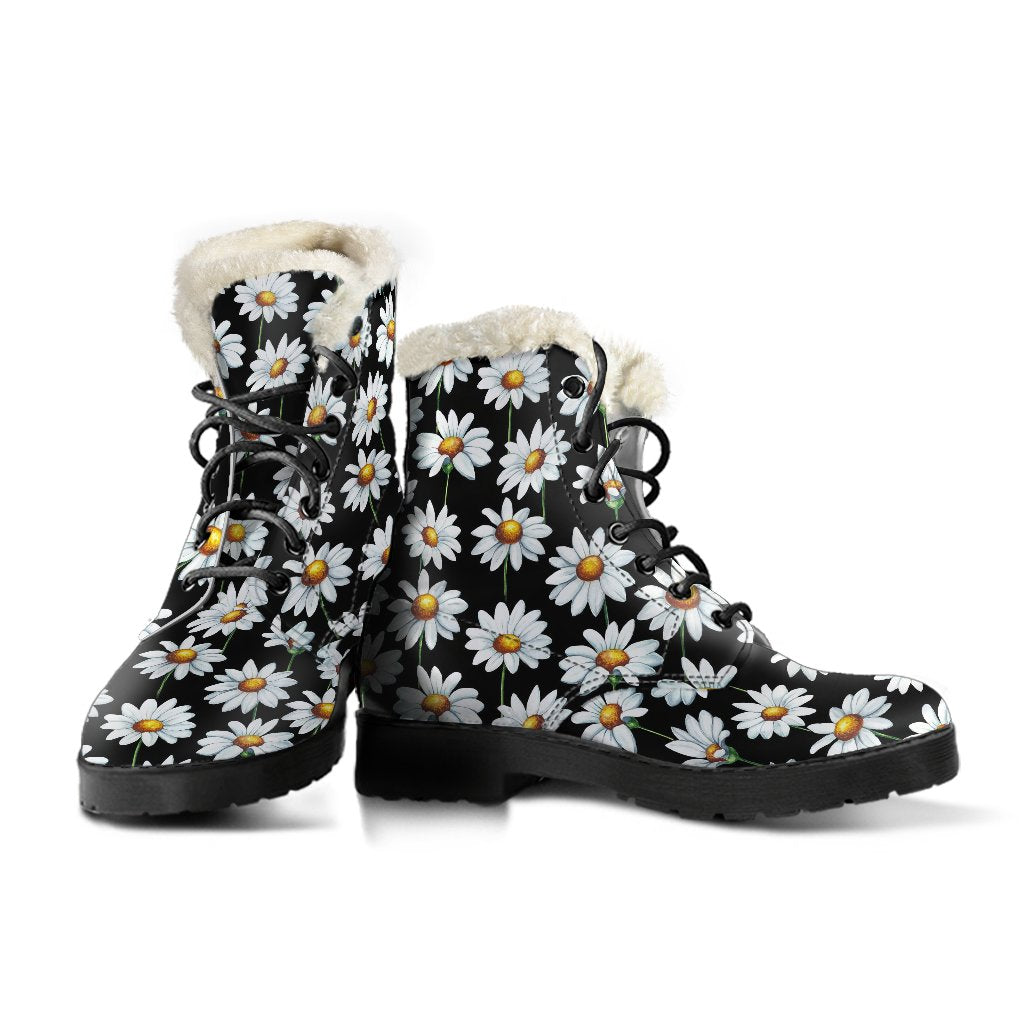 Daisy Print Pattern Faux Fur Leather Boots-JTAMIGO.COM