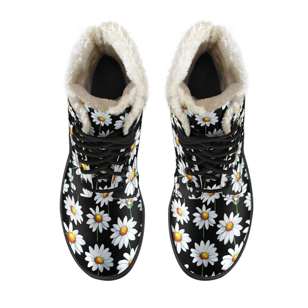 Daisy Print Pattern Faux Fur Leather Boots-JTAMIGO.COM