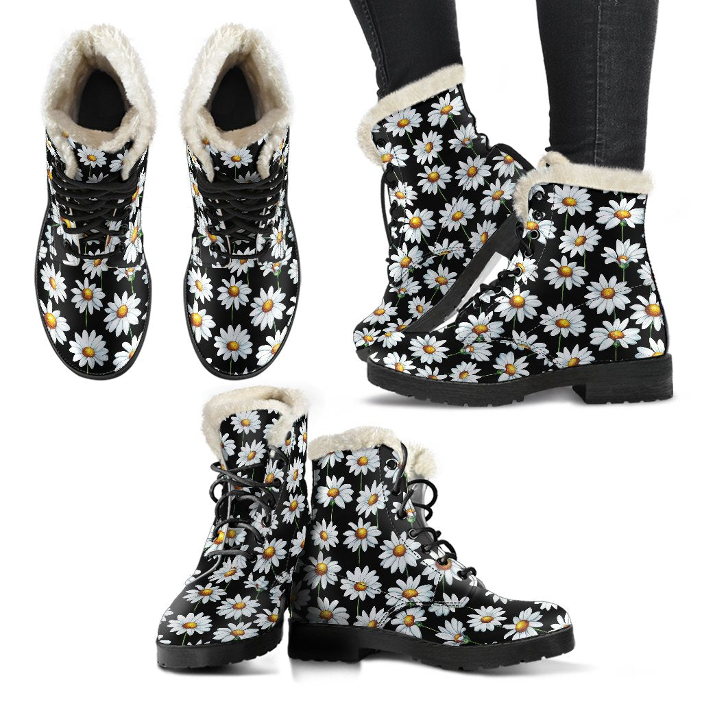 Daisy Print Pattern Faux Fur Leather Boots-JTAMIGO.COM