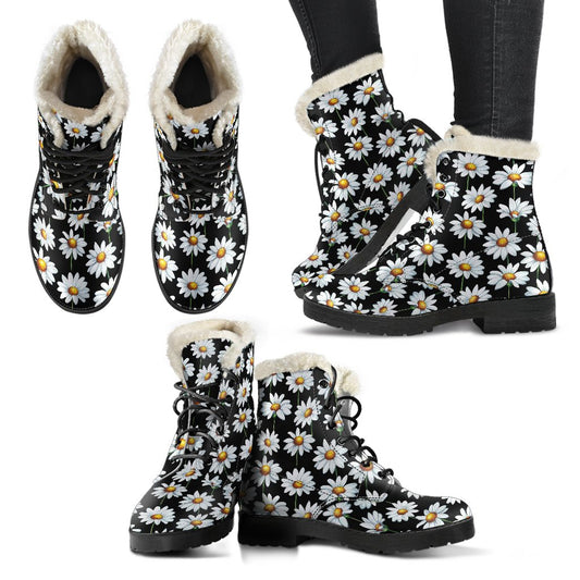 Daisy Print Pattern Faux Fur Leather Boots-JTAMIGO.COM