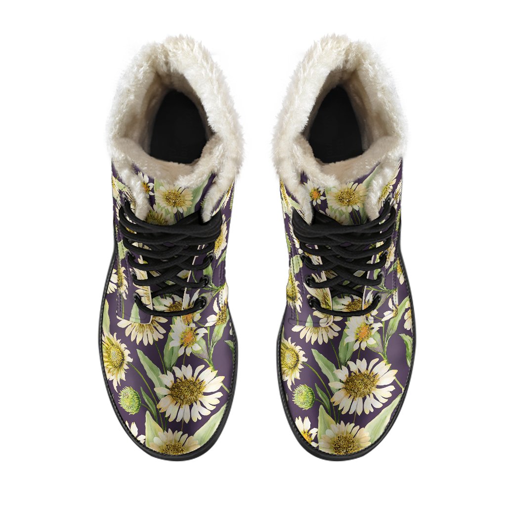 Daisy Vintage Print Pattern Faux Fur Leather Boots-JTAMIGO.COM