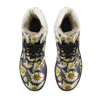 Daisy Vintage Print Pattern Faux Fur Leather Boots-JTAMIGO.COM