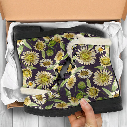 Daisy Vintage Print Pattern Faux Fur Leather Boots-JTAMIGO.COM