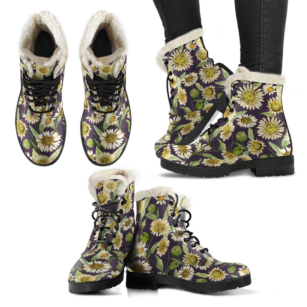 Daisy Vintage Print Pattern Faux Fur Leather Boots-JTAMIGO.COM