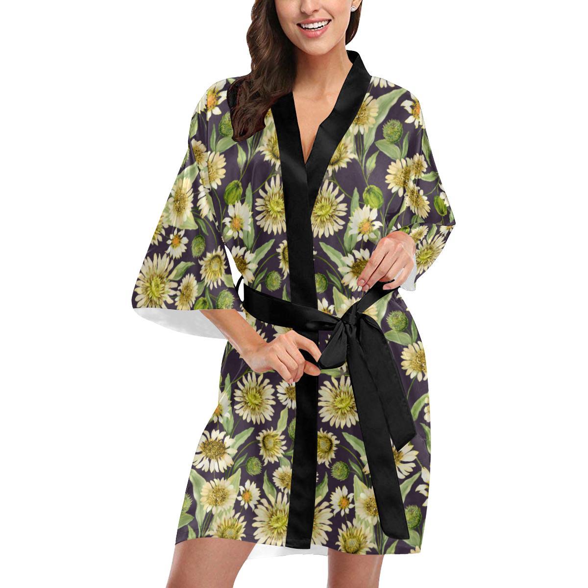 Daisy Vintage Print Pattern Women Short Kimono Robe