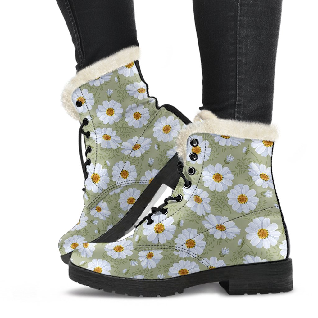 Daisy Yellow Print Pattern Faux Fur Leather Boots-JTAMIGO.COM