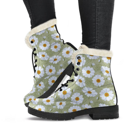 Daisy Yellow Print Pattern Faux Fur Leather Boots-JTAMIGO.COM