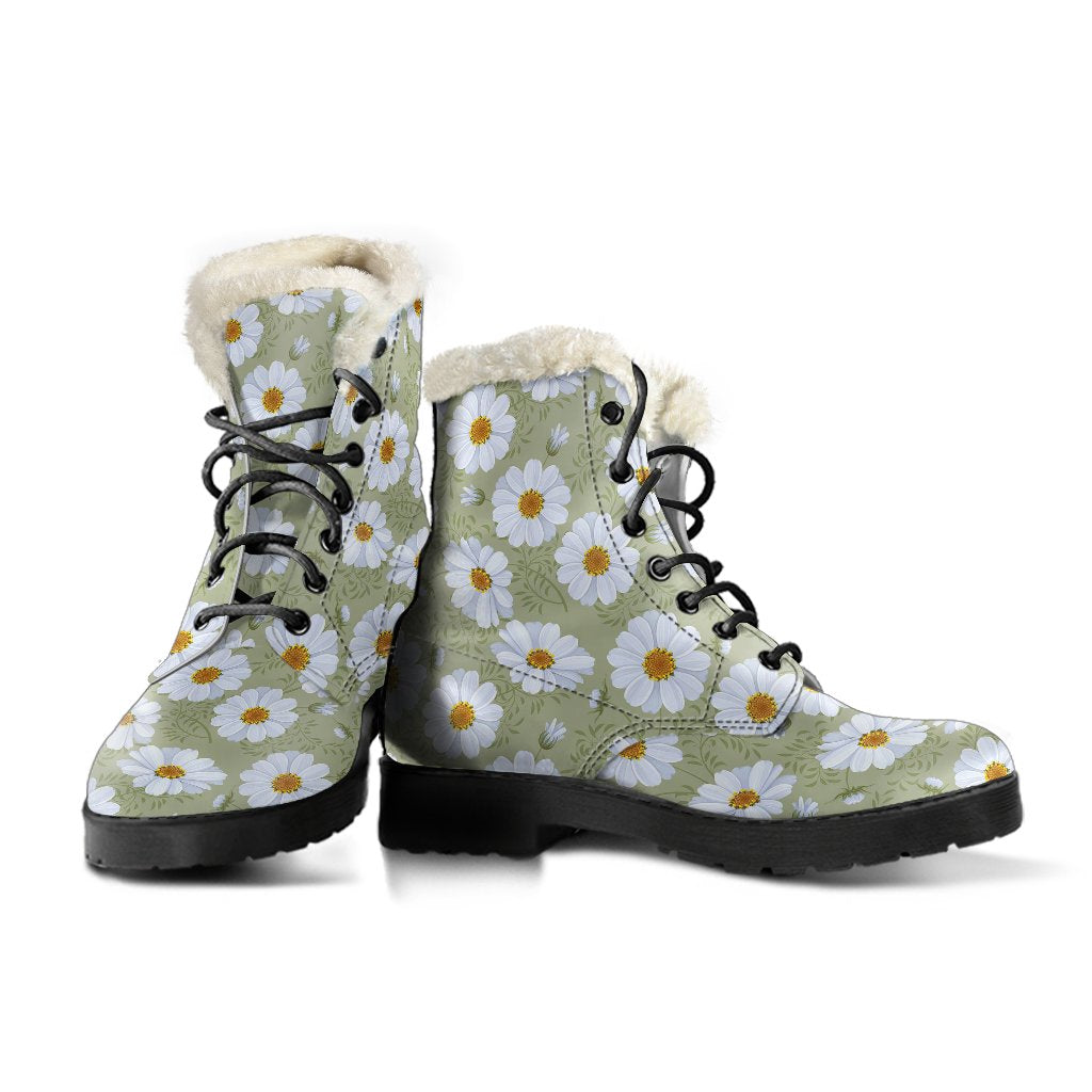 Daisy Yellow Print Pattern Faux Fur Leather Boots-JTAMIGO.COM