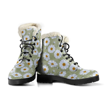 Daisy Yellow Print Pattern Faux Fur Leather Boots-JTAMIGO.COM