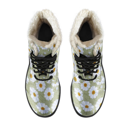 Daisy Yellow Print Pattern Faux Fur Leather Boots-JTAMIGO.COM