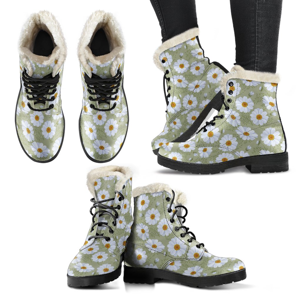 Daisy Yellow Print Pattern Faux Fur Leather Boots-JTAMIGO.COM