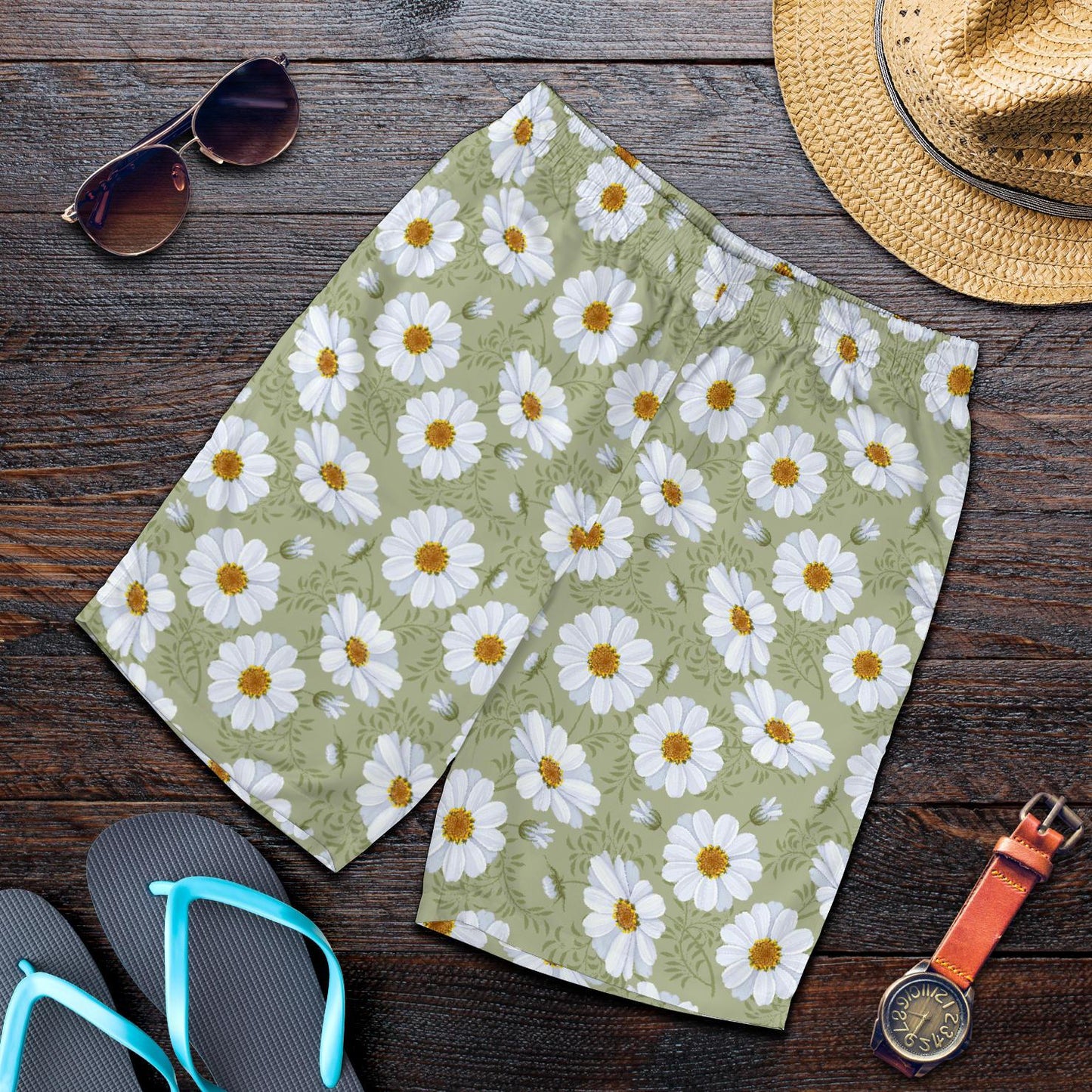 Daisy Yellow Print Pattern Mens Shorts-JTAMIGO.COM