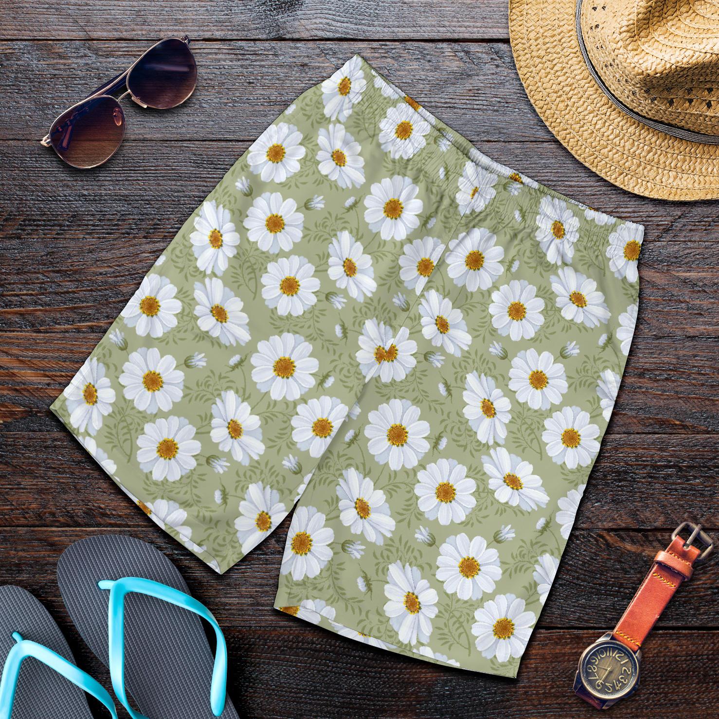 Daisy Yellow Print Pattern Mens Shorts-JTAMIGO.COM