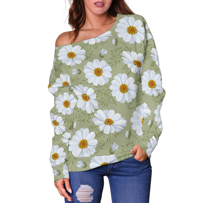 Daisy Yellow Print Pattern Off Shoulder Sweatshirt