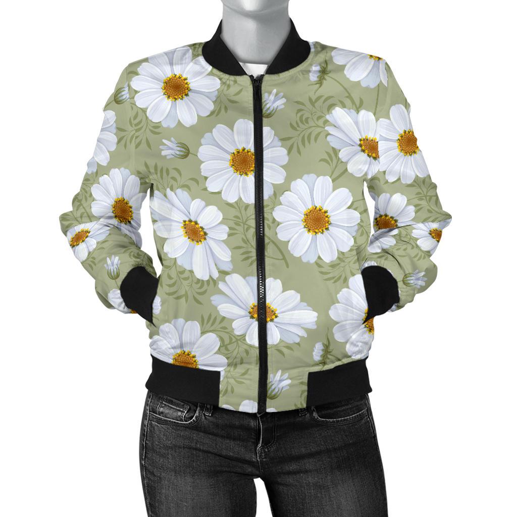 Daisy Yellow Print Pattern Women Casual Bomber Jacket