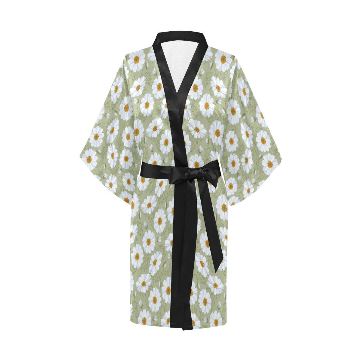 Daisy Yellow Print Pattern Women Short Kimono Robe