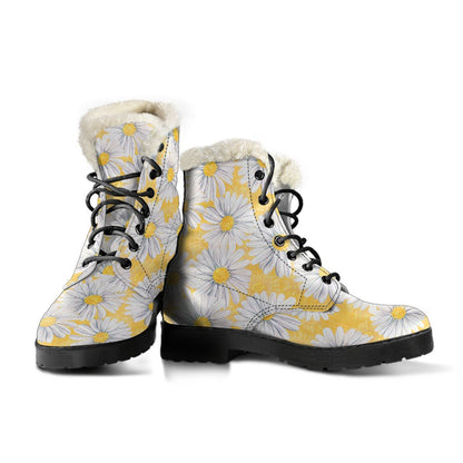 Daisy Yellow Watercolor Print Pattern Faux Fur Leather Boots-JTAMIGO.COM