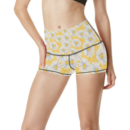 Daisy Yellow Watercolor Print Pattern High Waisted Spandex Shorts-JTAMIGO.COM