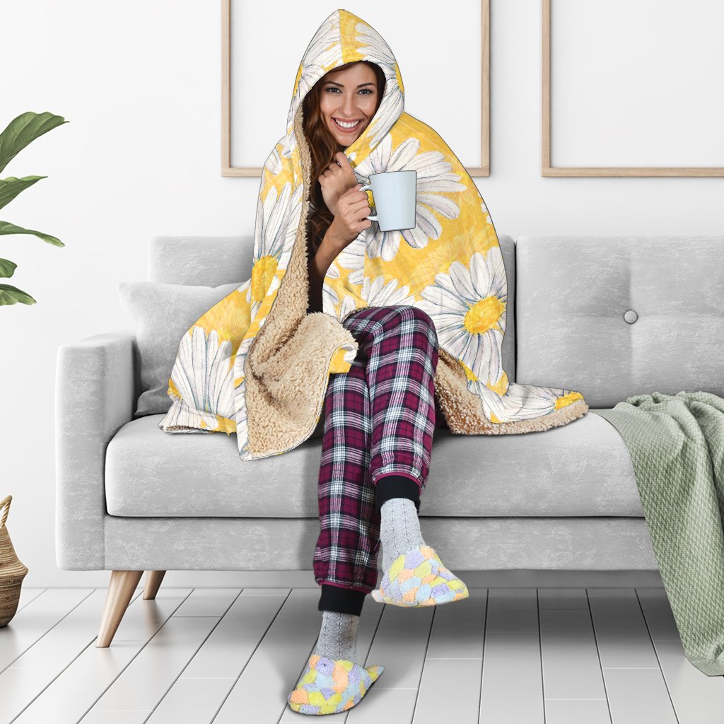 Daisy Yellow Watercolor Print Pattern Hooded Blanket-JTAMIGO.COM