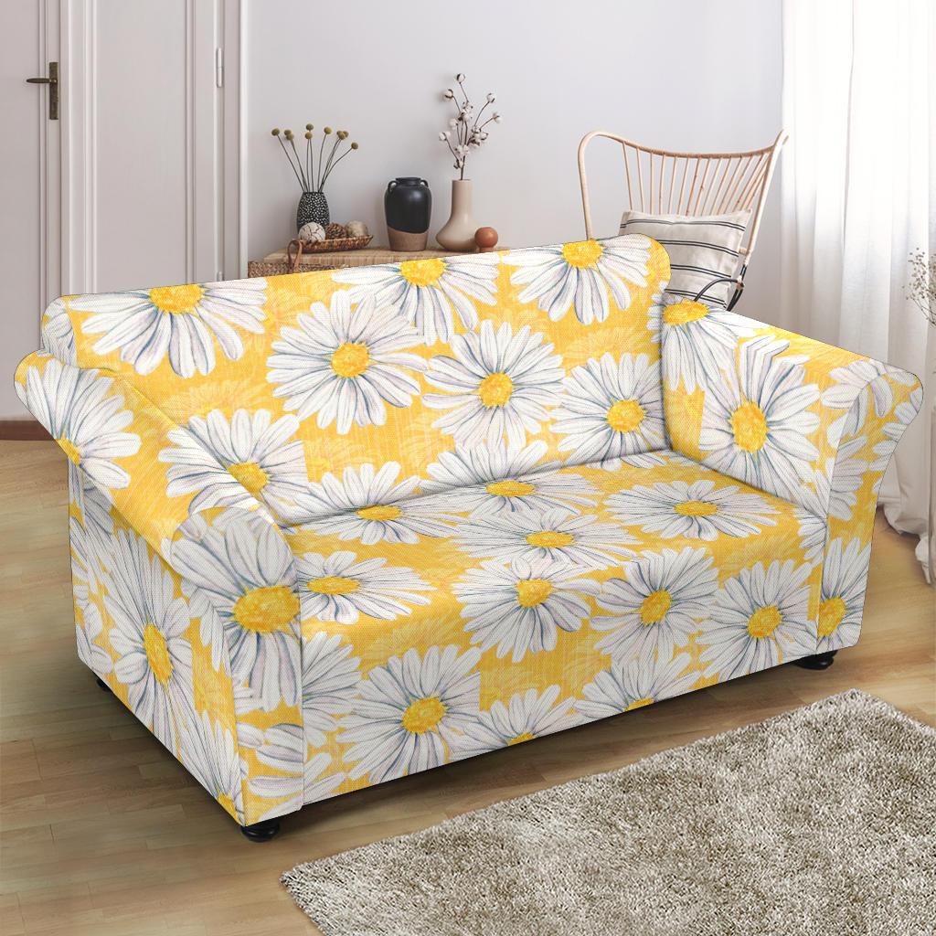 Daisy Yellow Watercolor Print Pattern Loveseat Slipcover-JTAMIGO.COM