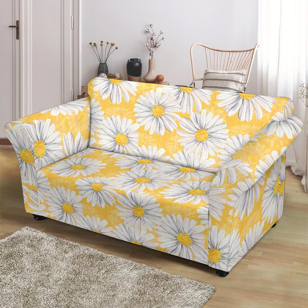 Daisy Yellow Watercolor Print Pattern Loveseat Slipcover-JTAMIGO.COM