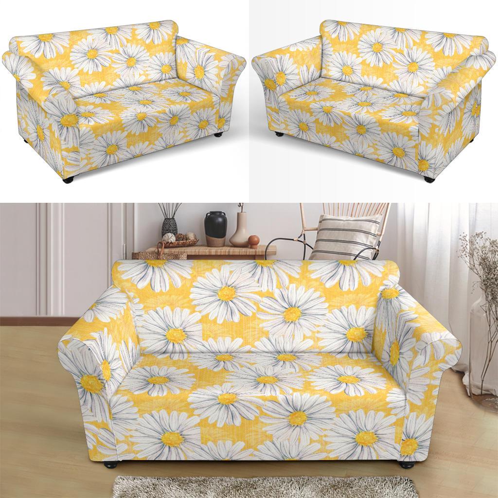 Daisy Yellow Watercolor Print Pattern Loveseat Slipcover-JTAMIGO.COM