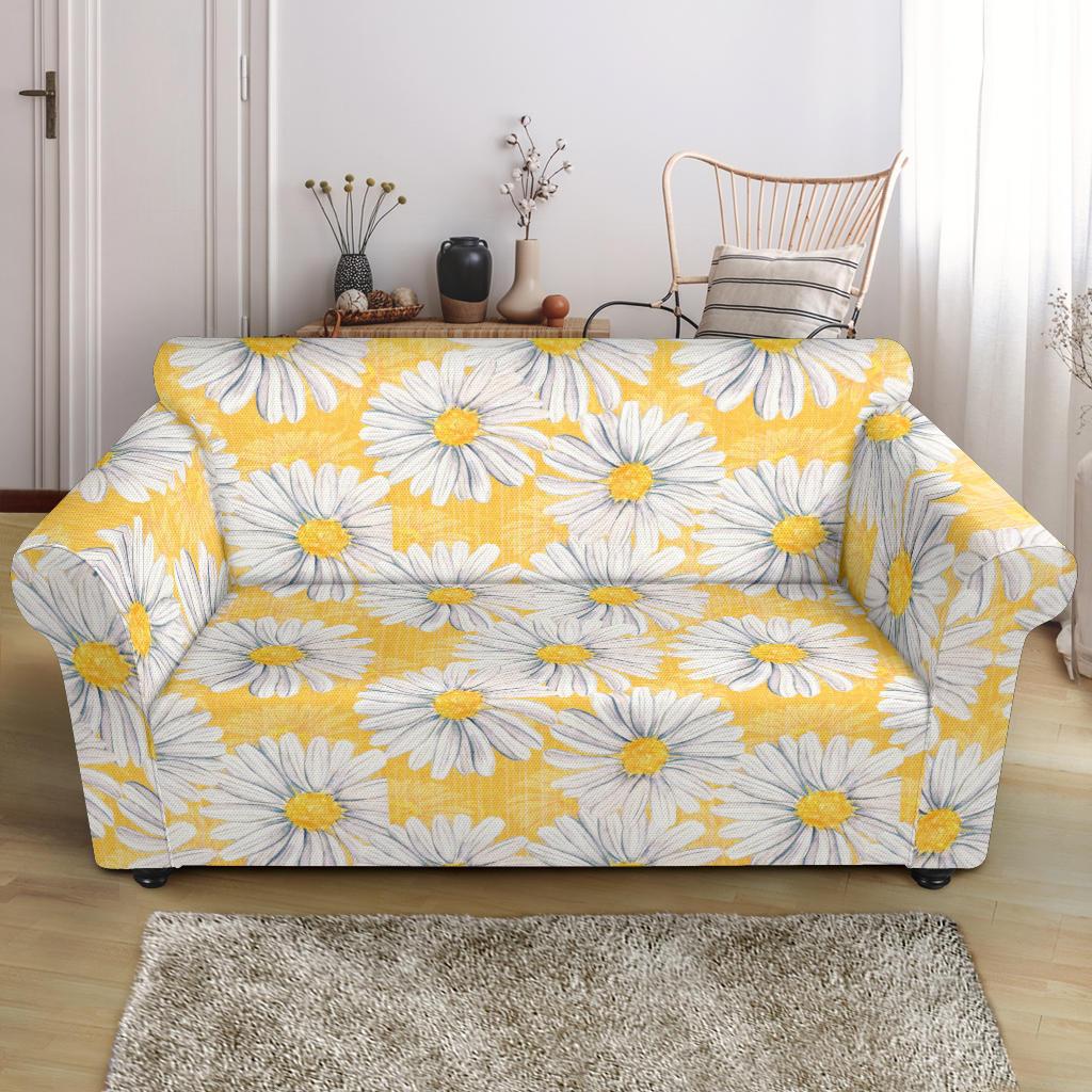 Daisy Yellow Watercolor Print Pattern Loveseat Slipcover-JTAMIGO.COM