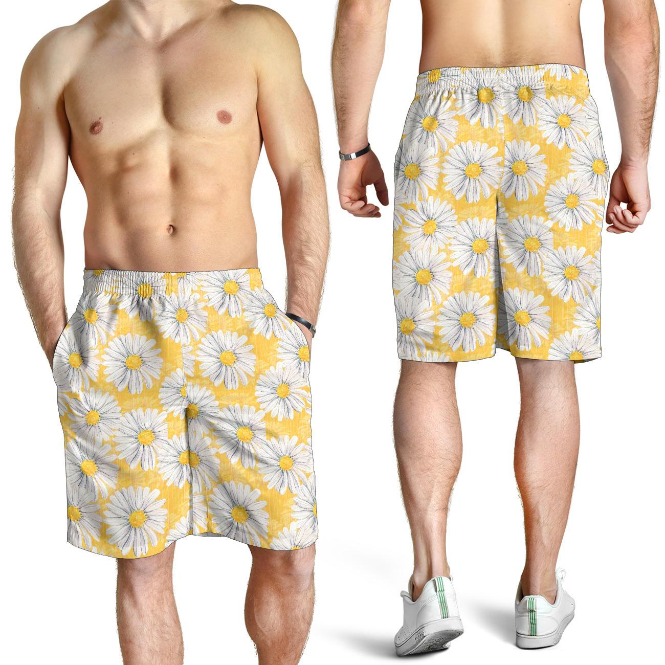 Daisy Yellow Watercolor Print Pattern Mens Shorts-JTAMIGO.COM