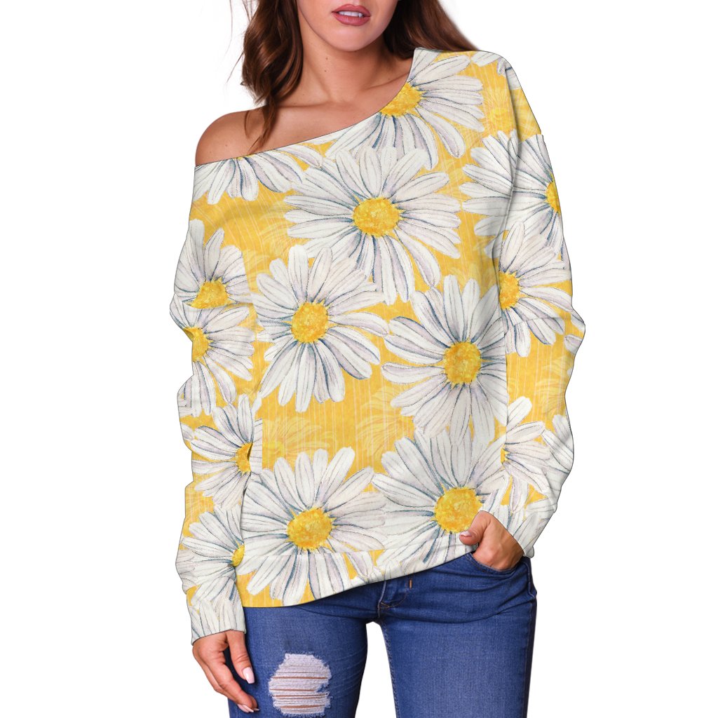 Daisy Yellow Watercolor Print Pattern Off Shoulder Sweatshirt