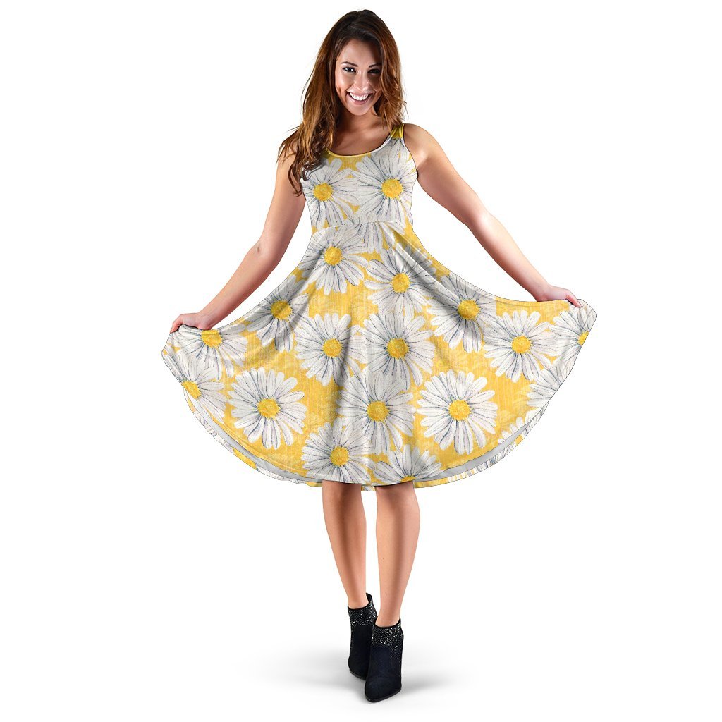 Daisy Yellow Watercolor Print Pattern Sleeveless Dress