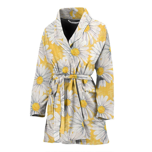 Daisy Yellow Watercolor Print Pattern Women Bath Robe-JTAMIGO.COM