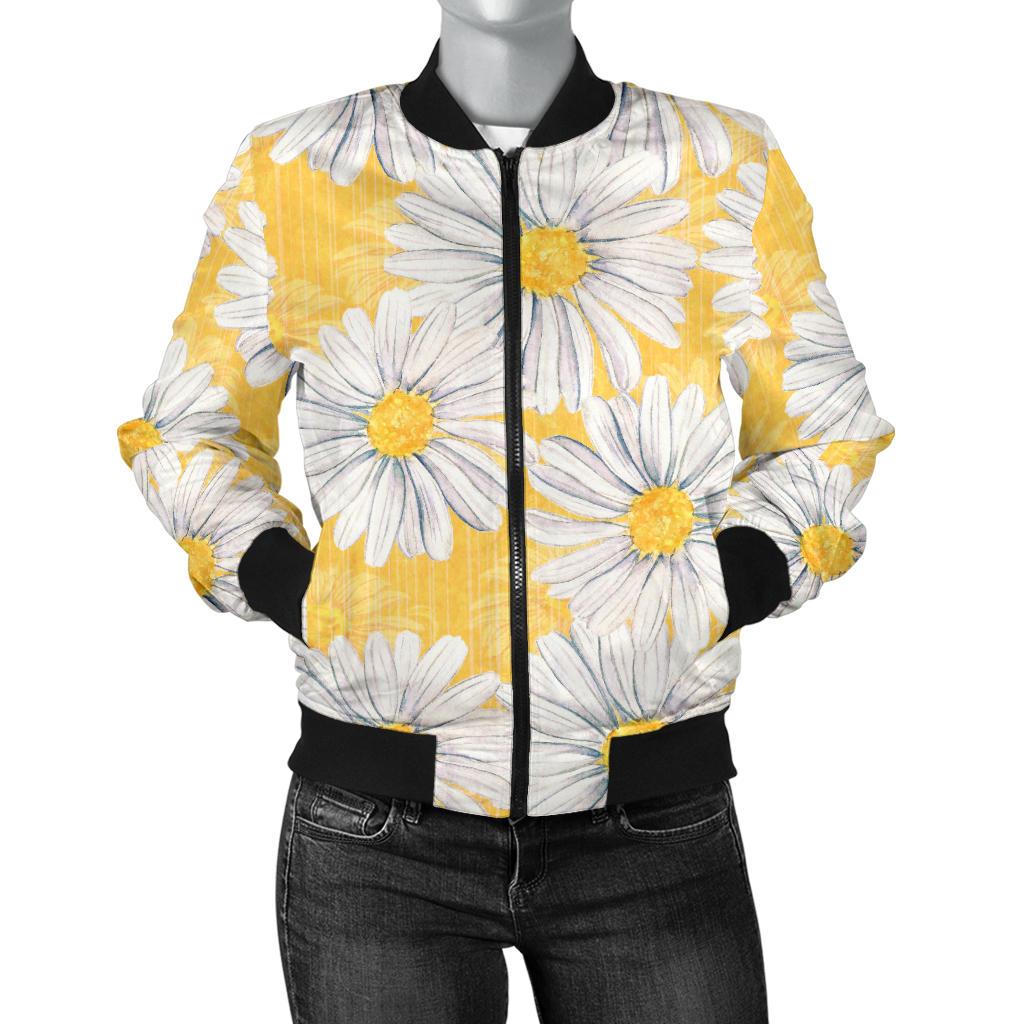 Daisy Yellow Watercolor Print Pattern Women Casual Bomber Jacket