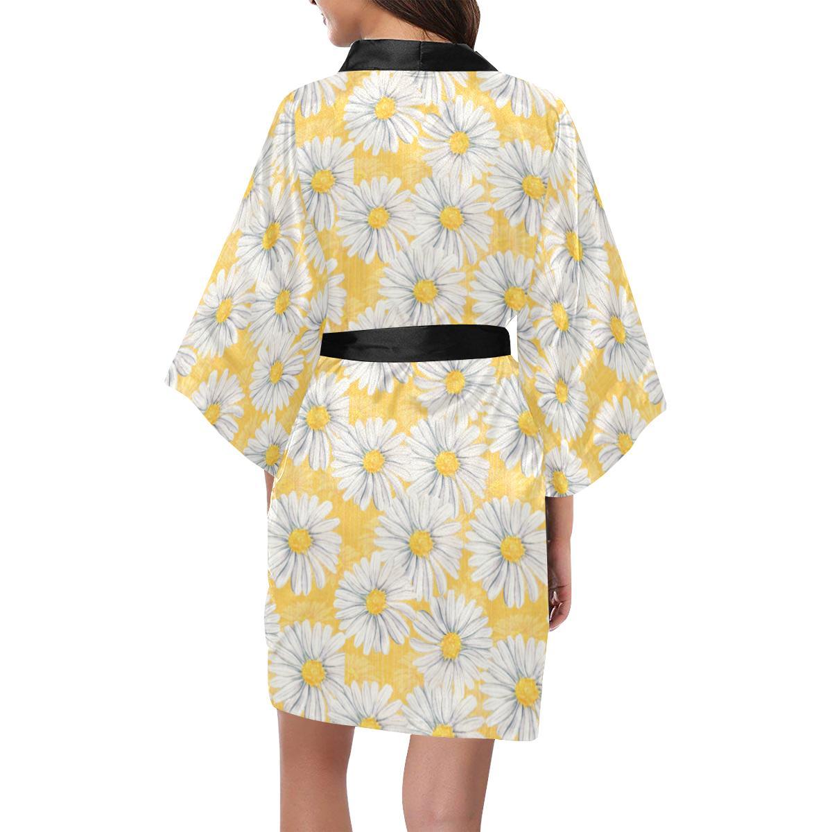 Daisy Yellow Watercolor Print Pattern Women Short Kimono Robe